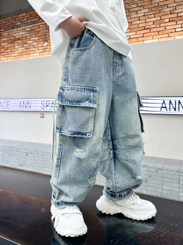 New Boys Cargo Pants For 6-20 Years Solid Boy Autumn Summer Casual Loose Denim Pants Long Trousers Kids Children Clothes 2024