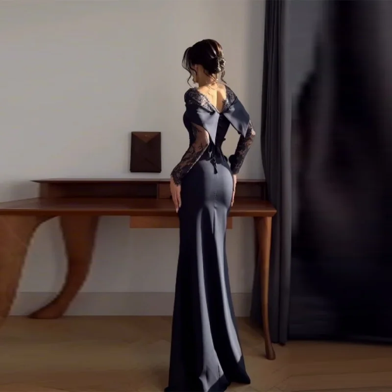 Vestido Maxi Elegante com Ombros Descidos para Mulheres, Manga de Renda, Costas Nuas, Vestidos Longos Slim Fit para Festas, Novos Vestidos de Noite 2026