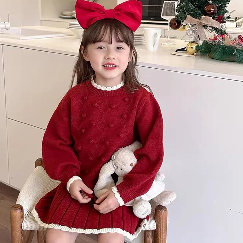 

Christmas Knitted Sweet Suit Infant Clothes Baby New Year Party Set New Baby Girl Knitting Set Ball Knitted Pullover+Skirt 2PCS