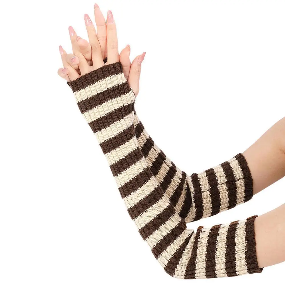 Women Stried Long Arm Fingerless Gloves Autumn Winter Warm Longer Knitted Fake Sleeves Casual Soft Fashion Oversleeve Arm Warmer