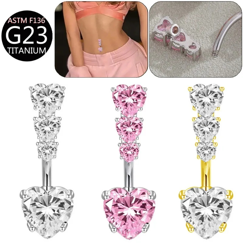 Ins Style Luxury Shiny European Multi‑Layer Heart CZ Navel Ring F136 Titanium Heart Belly Button Stud Sexy Body Piercing Jewelry