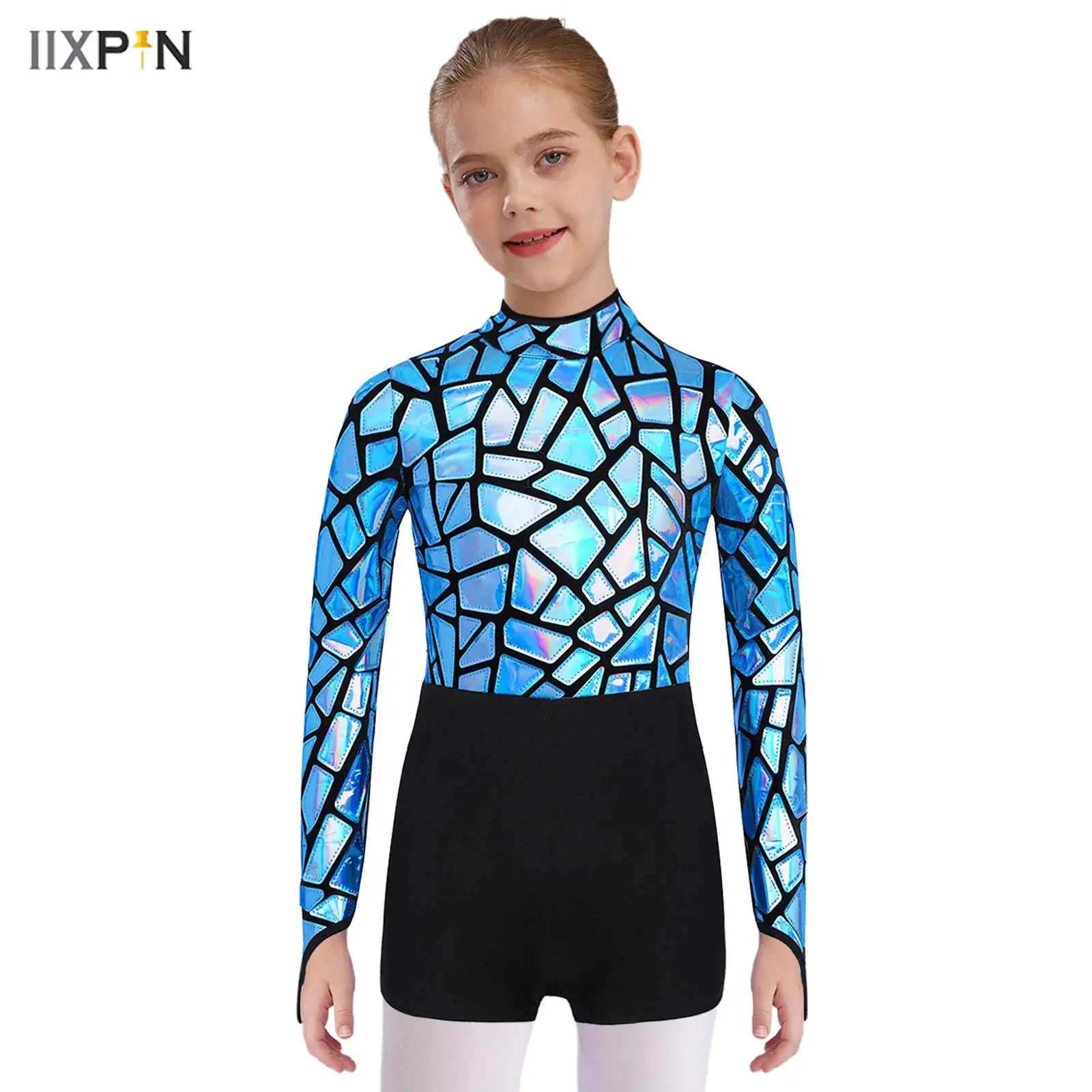 

Kids Girls Fashion Metallic Sequins Jazz Dance Jumpsuit Mock Neck Long Sleeve Keyhole Back Leotard for Performance Competition