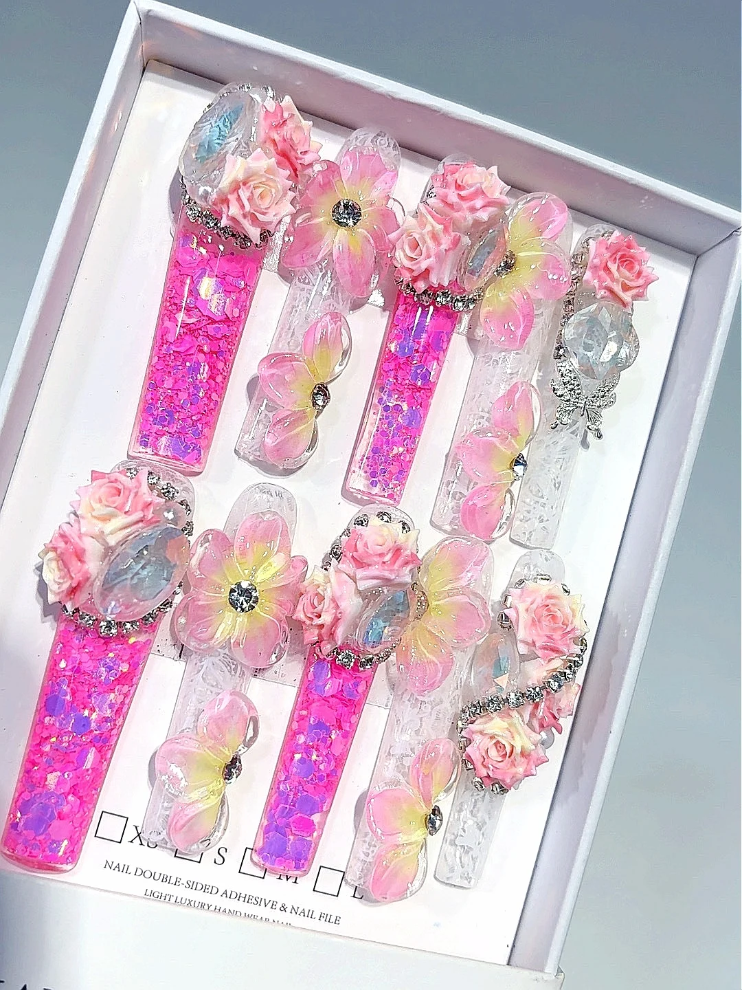 

Pastel Pink Resin Press on Nails - 3D Rose Butterfly Rhinestone Accent False Nails Handmade for Women（O015）
