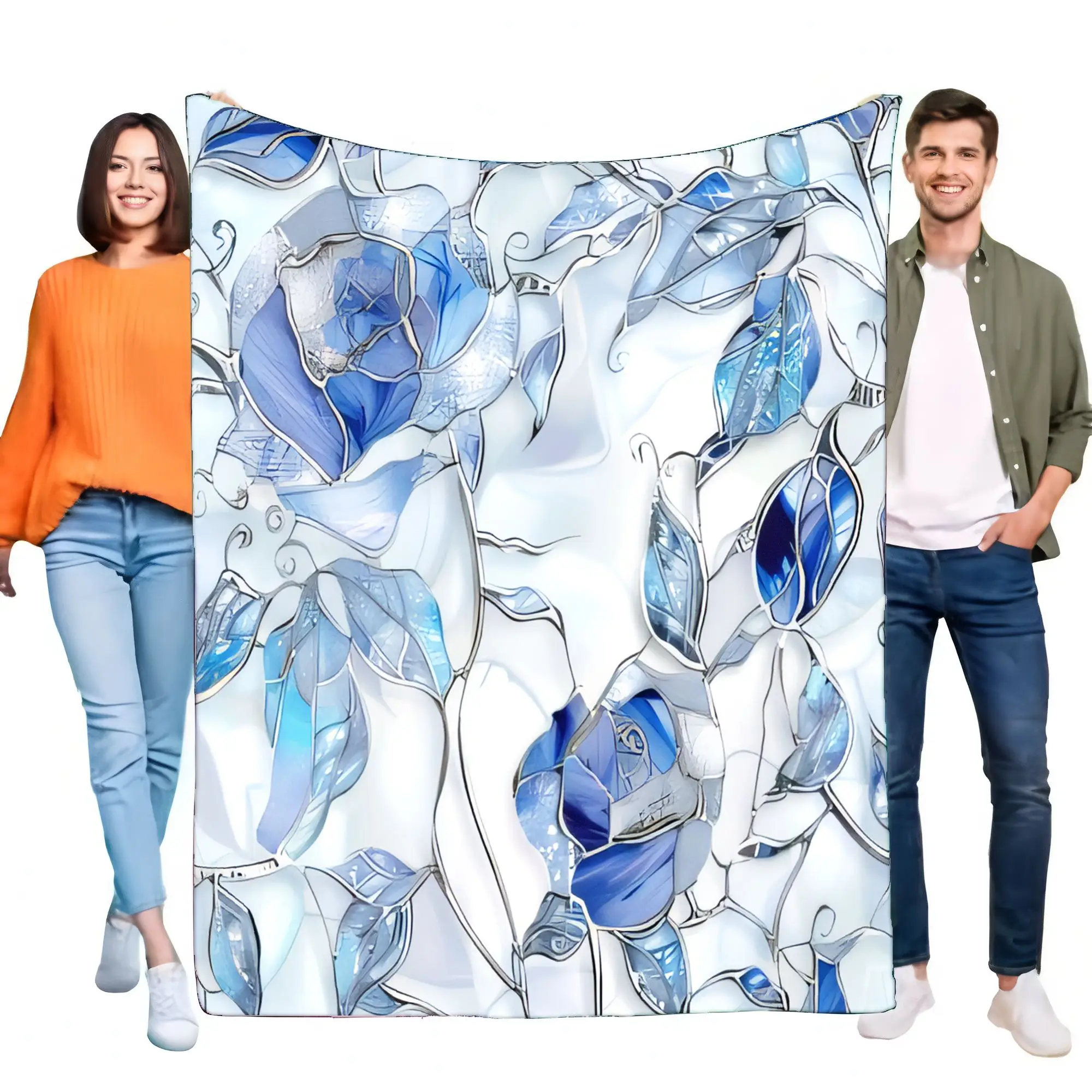 Luxurious Stained Glass Blue Rose Floral Blanket, Ultra-Soft Cozy Fleece Throw for Sofa Bed Couch, Elegant Living Room Home Deco