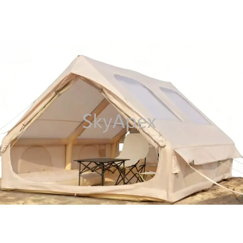 12 Square Meter 6-Person Lightweight Inflatable Tent Khaki White Waterproof Windproo Easy Setup Glamping Tent for Family Camping