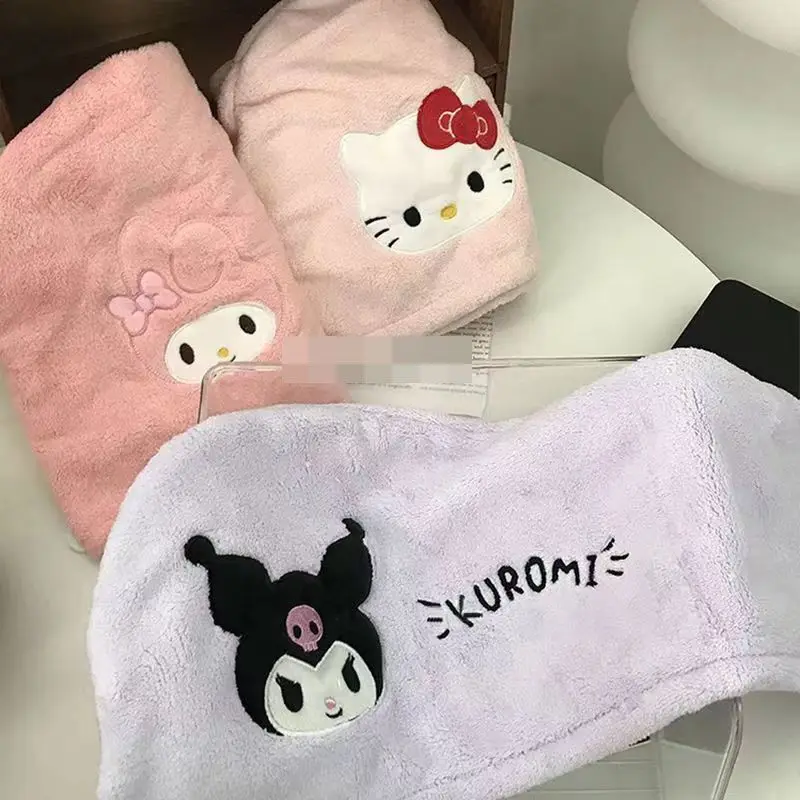 Sanrio Hello kitty Kuromi Cinnamoroll My melody lucu kreatif kartun bordir pola rumah baru coral beludru kering topi rambut