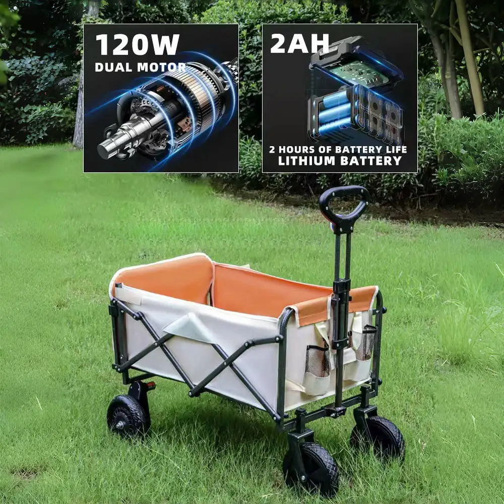 Electric Camping Wagon Cart Foldable 2000mAh Electric Powered Assistance Collapsible for Outdoor Use Camping Fishing Shopping