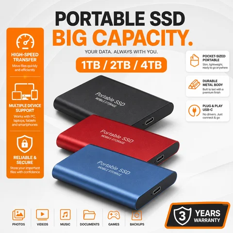 High Speed External SSD 1TB 2TB 4TB Type-C USB 3.0 Portable Solid State Drive for Laptop Mac PC Mobile Storage Hard Disk