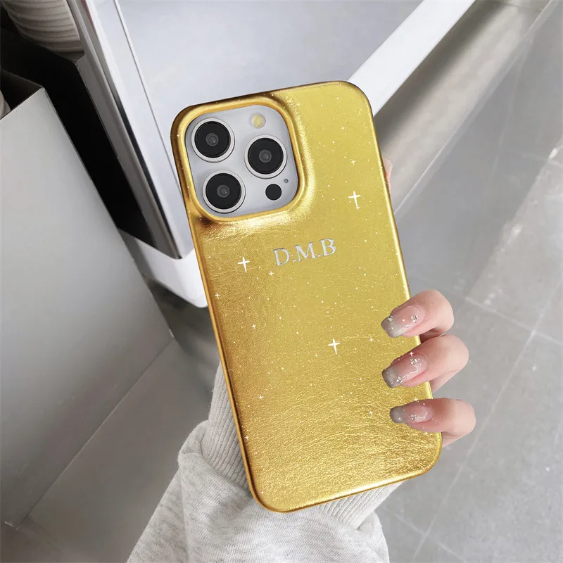 Customized Gold Silver Letters Glitter PU Leather Stars Case For Iphone 13 12 15 14 16Pro Max 15plus Case Hard Metallic PU Cover