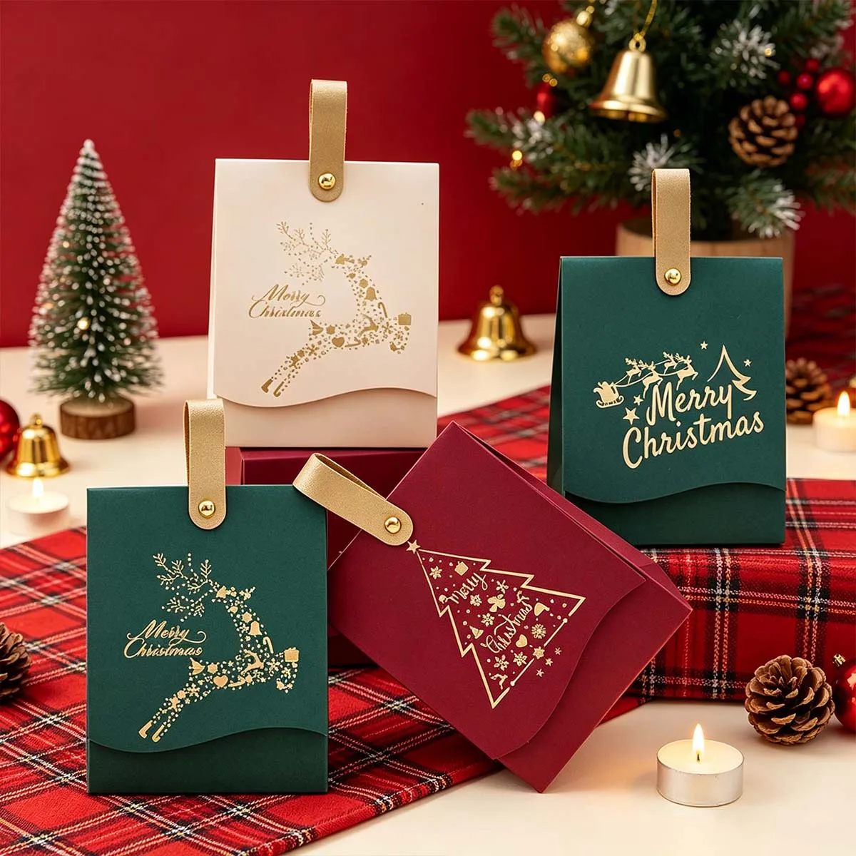 10pcs Christmas Tree Gift bags - with leather handles, Christmas pie gift wrapping, pie gifts and winter New Year gift bags