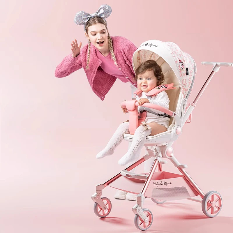 Pink Newborn Stroller can sit or lie down 0-6 years old Children Lightweight Folding Boardable Travel 360 ° Steering Stroller