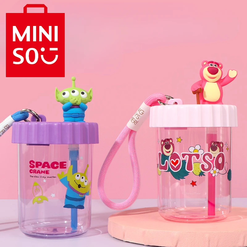 Miniso Cartoon Disney Cute Lotso Strap Suction Plastic Water Cup Alien Large Capacity Portable Cup with Straw Children's Gifts