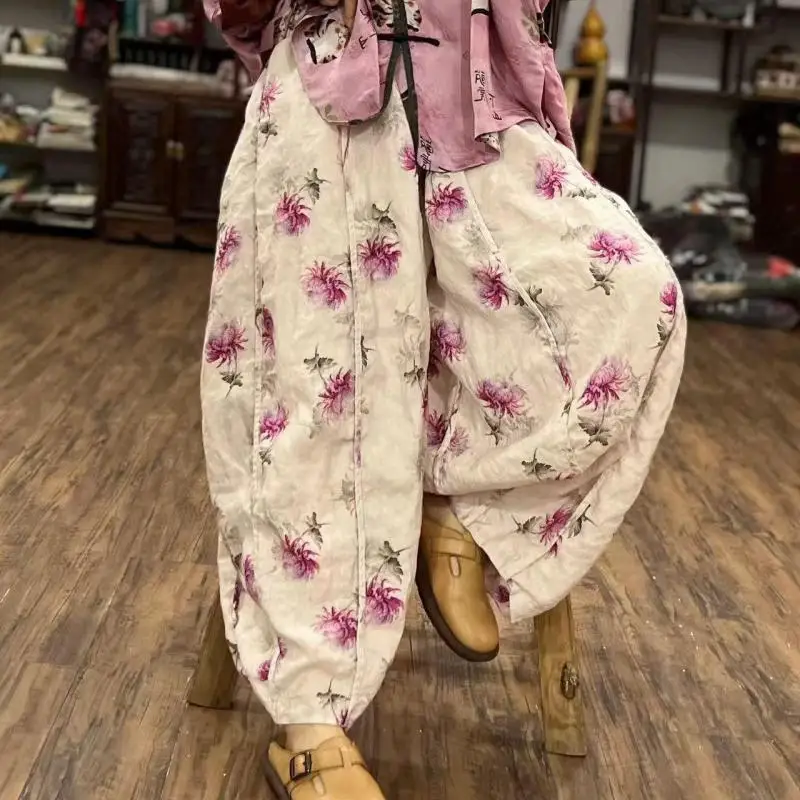 New Spring Summer Arts Style Women Elastic Waist Loose Full Length Pants All-matched Casual Linen Wide Leg Pants High Quality