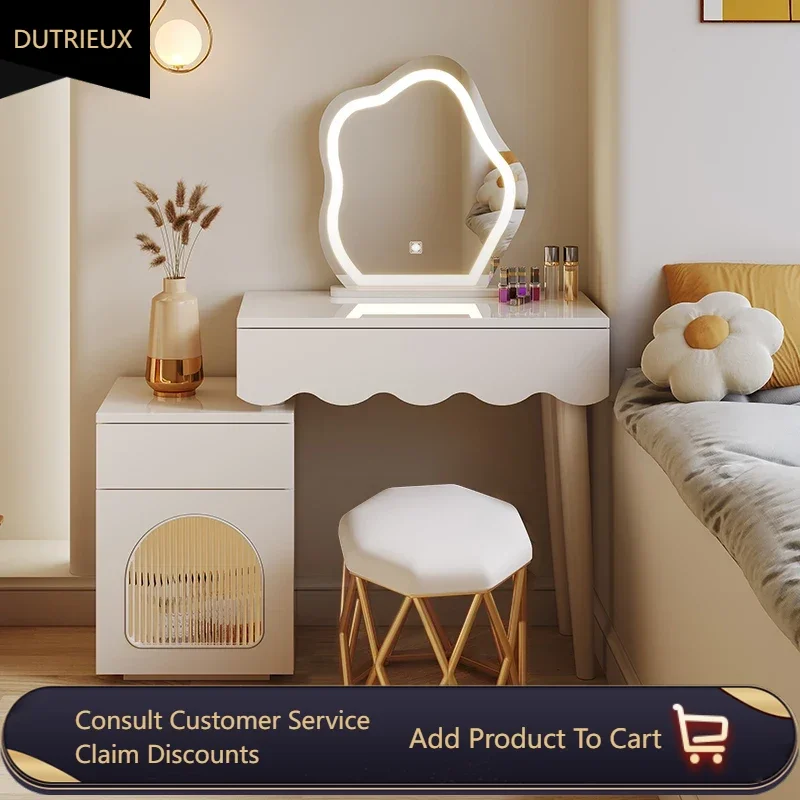 

Small Desings Minimal Dresser Storage Led Light Modern Wooden Dressing Table Makeup Mirror Comoda Pra Quarto Furniture Bedroom