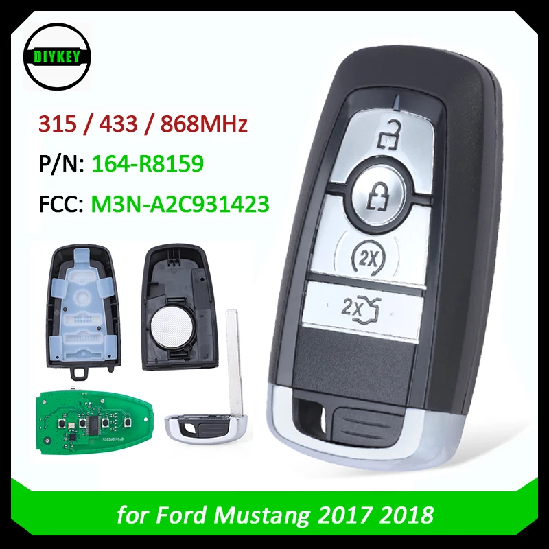 DIYKEY 4 Button Remote Car Key Aftermarket Fob 315 / 433.92 / 868MHz for Ford Mustang 2017-2018 P/N:164-R8159 FCC: M3N-A2C931423