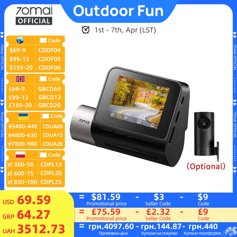 Globale Version Neue 70mai Dash Cam A510 1944P 3K Bild HDR GPS ADAS 140FOV 24H Parkplatz 70mai 4G Auto DVR A510 Unterstützung Hinten Cam