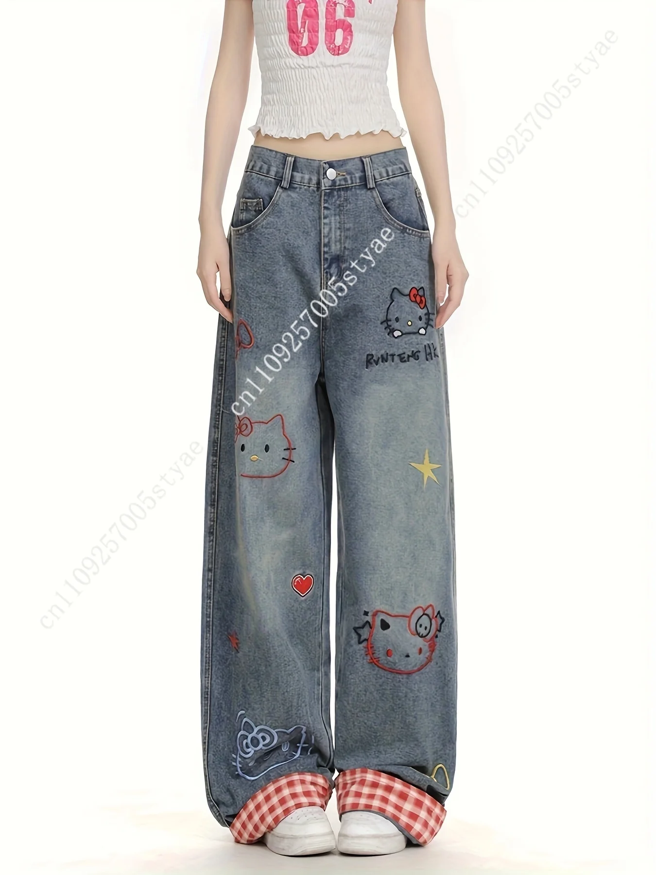 Hello Kitty Jeans Women's Wide Leg Jeans Casual High Waist Baggy Jeans Streetwear Preppy Clothes Pants view 4