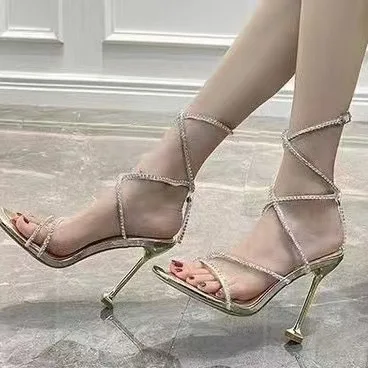 HKDQ Women's Sandals Open Toe High Heel Rhinestone-Look Straps Lace-Up Elegant Evening Party Trendy Footwear