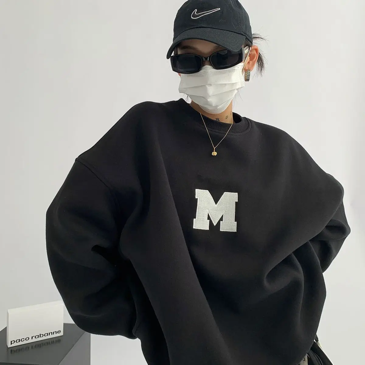 Imitation Embroidery Printed Composite Round Neck Hoodie for Women New Loose and Versatile Trendy Brand Top for Couples Unisex