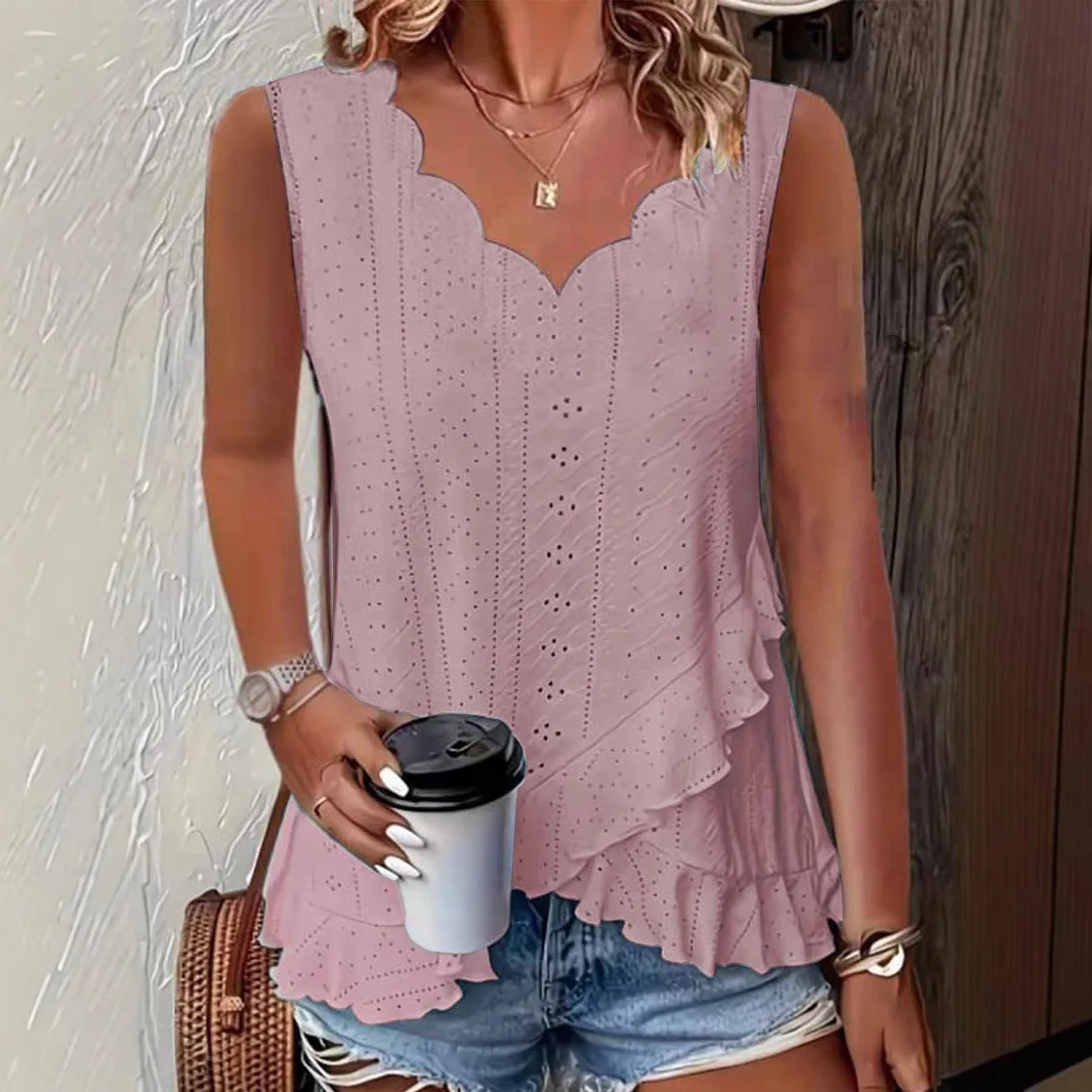 

2026 summer new casual solid color jacquard cloth scallop edge V-neck women's clothing