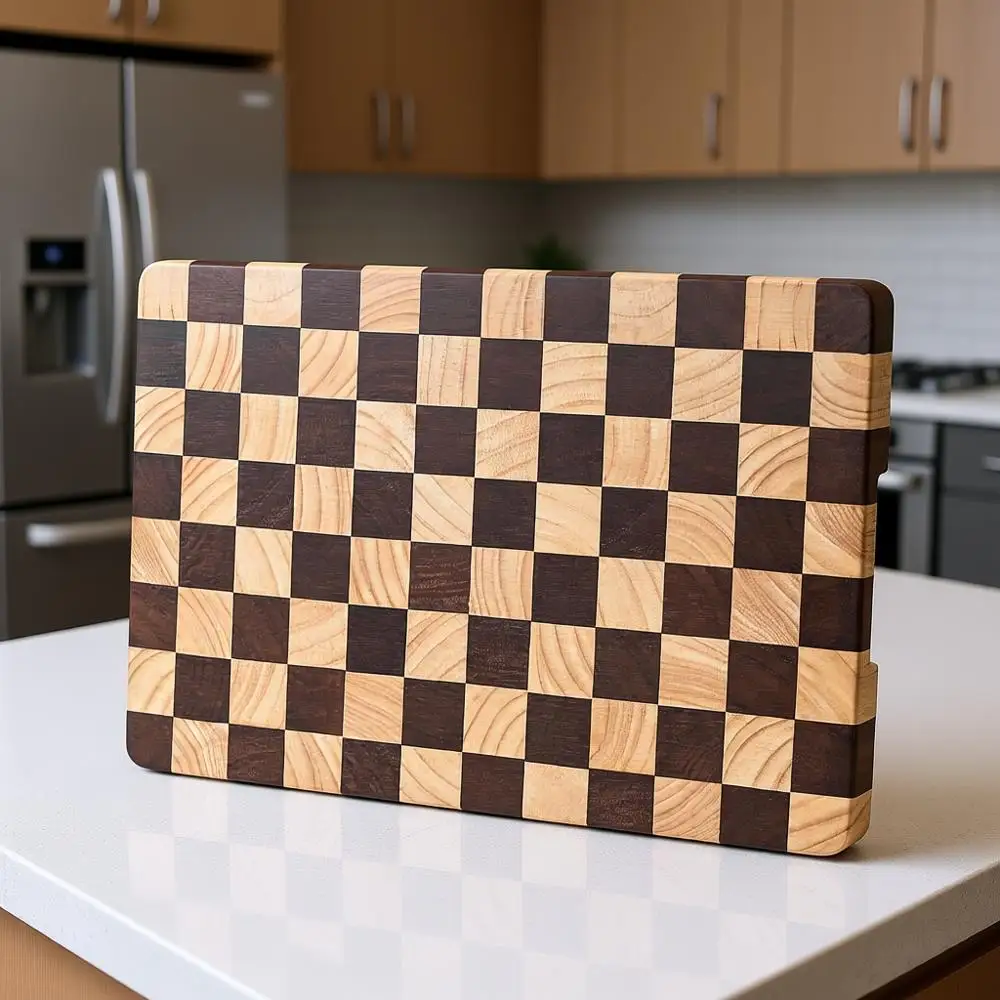 

Деревянный разделочный блок 14x9.5 с клетчатым узором и боковыми ручками для мяса, сыра и нарезки
