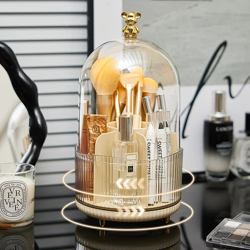 Makeup Brush Holder with Bear Lid Handle 360° Rotating Comestic Tools Organizer with 7 Compartments for Vanity and Bathroom