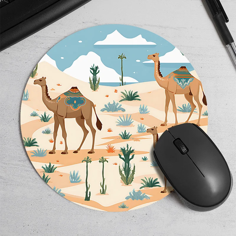 

Desert camel printed round mouse pads are durable, waterproof and anti-slip rubber, suitable for both offices and gamers