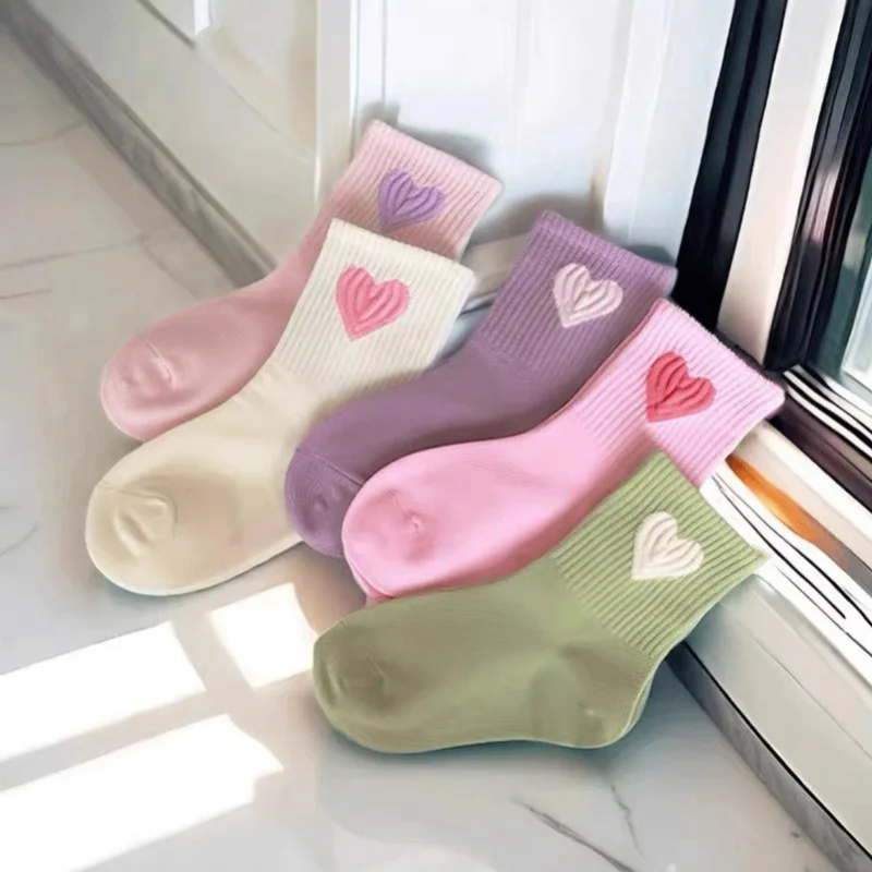 5Pairs/lot Kids Socks For Girls Spring Autumn Big Love Print Children's Girls Student Socks Fashion 2025 Teenage Sock 2-13Years
