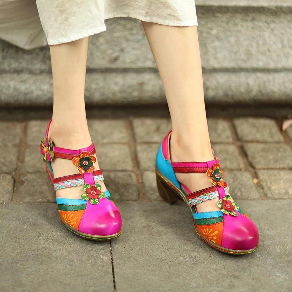 

Hollow sandals retro bright color flower hit color Velcro wedge round toe Mary Jane shoes