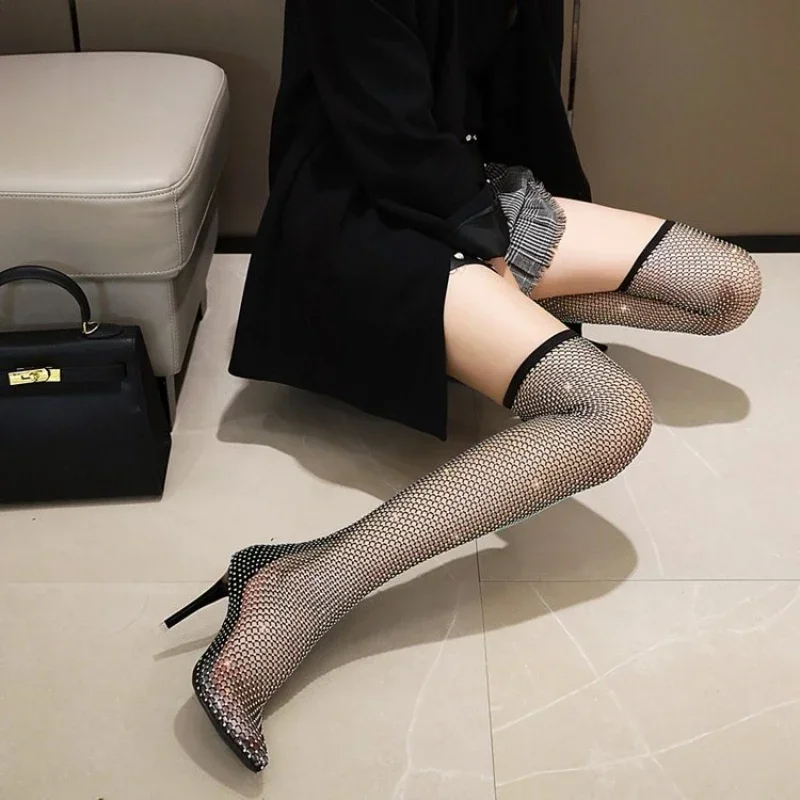 2024 New New Design Crystal Rhinestone Mesh Stretch Fabric Sock Boots Fashion PVC Transparent Pointed Toe Shoes Sexy High Heels