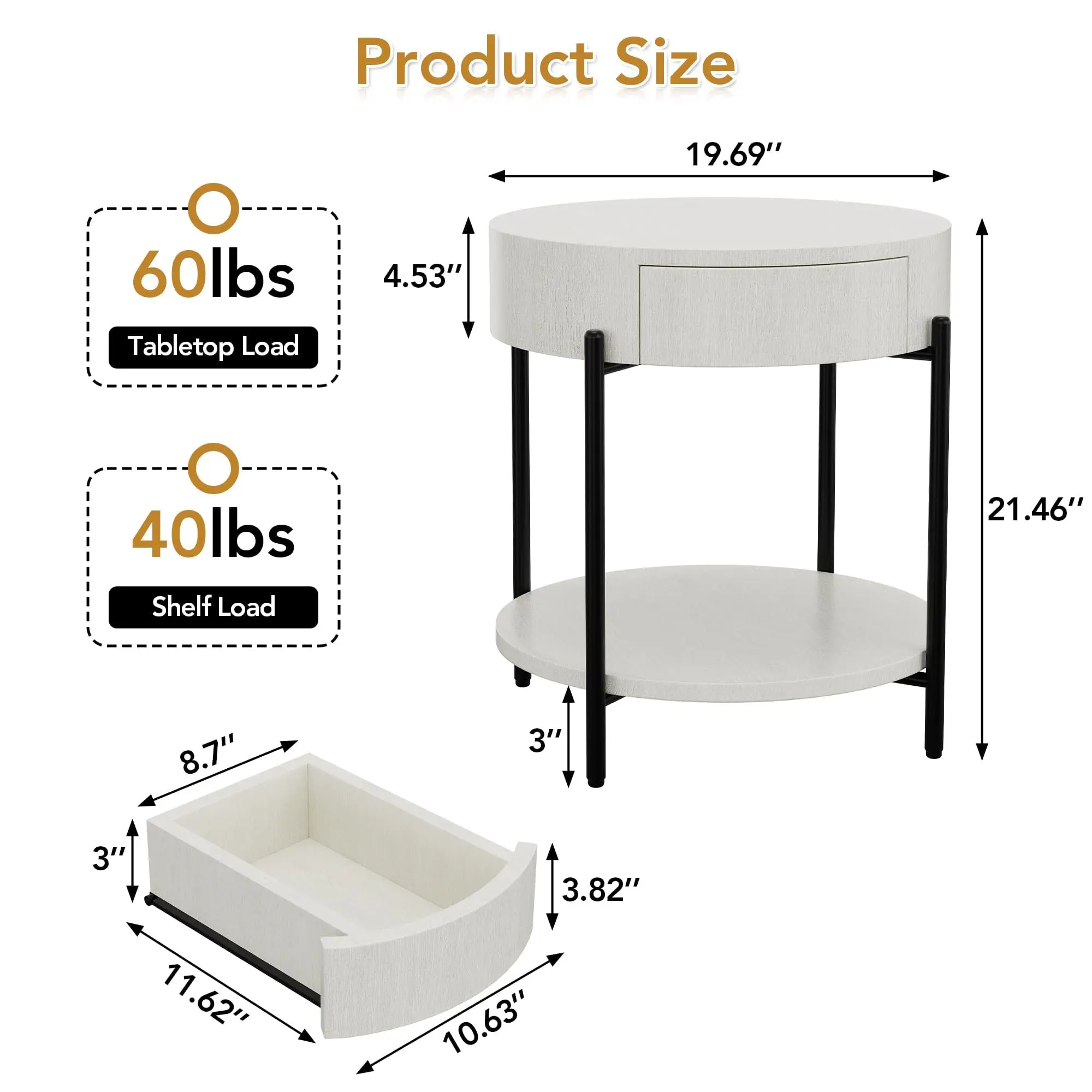 Round Upholstered End Table with Storage Drawer & Lower Shelf, Modern Fabric Side Table, Black Metal Leg Accent Table for Living Room Bedroom