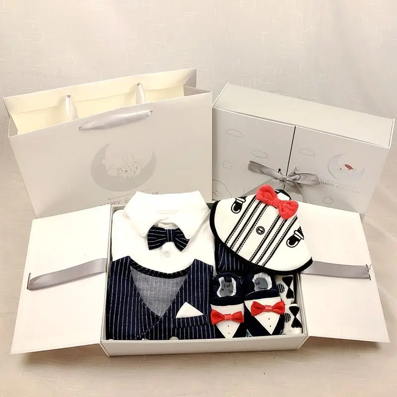 Autumn Spring Baby Boy Gentleman Gift Box Romper Suit for Newborn Birthday Gift