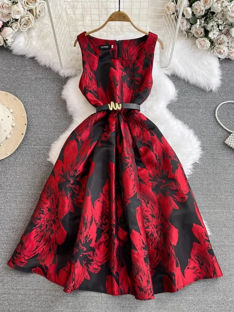 Sweet Memory 2024 Jacquard Dress Women Sleeveless O Neck Vacation Floral Print Belt Ball Gown Robe Vestidos