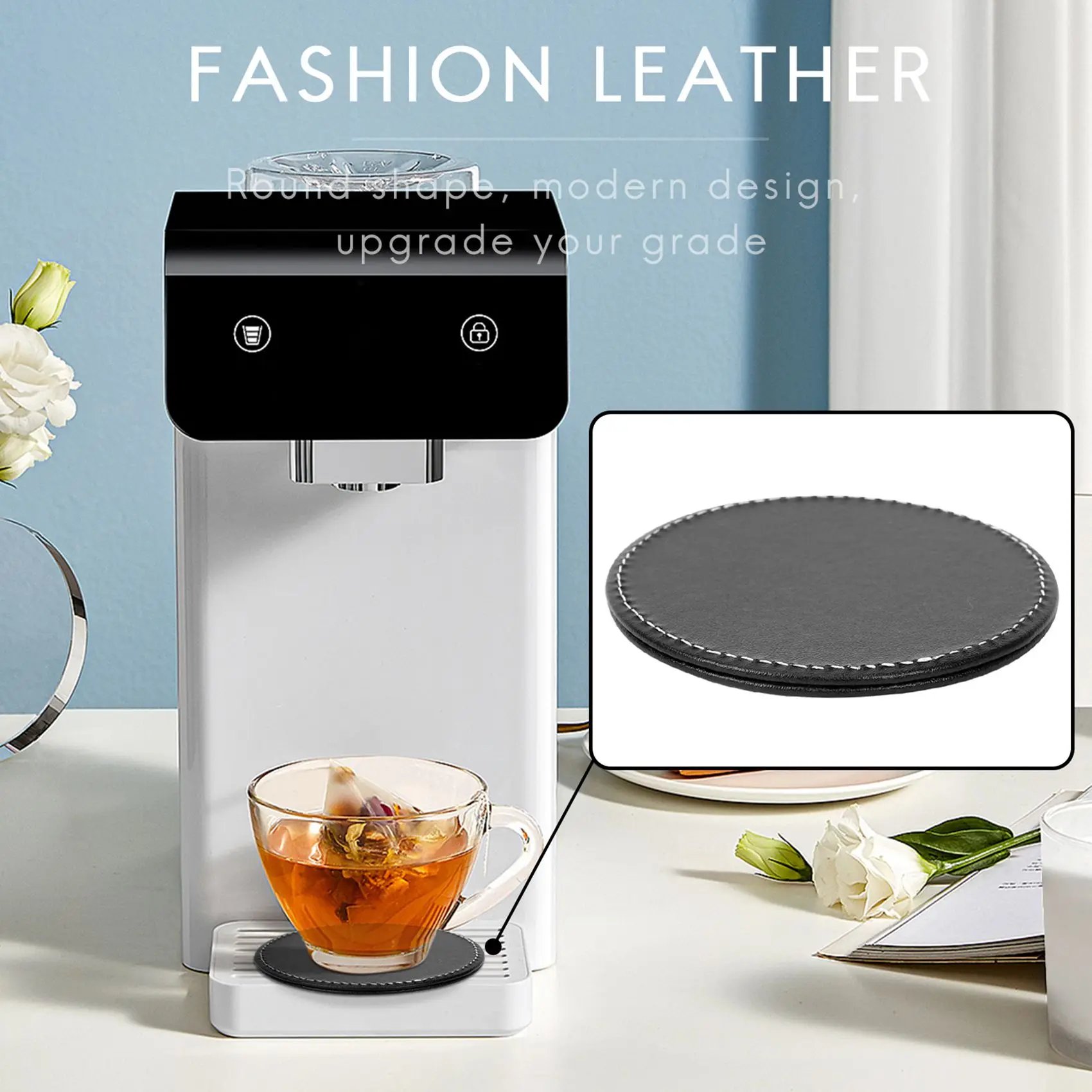 Set of 6 Leather Drink Coasters Round Cup Mat Pad for Home and Kitchen Use Black image 2