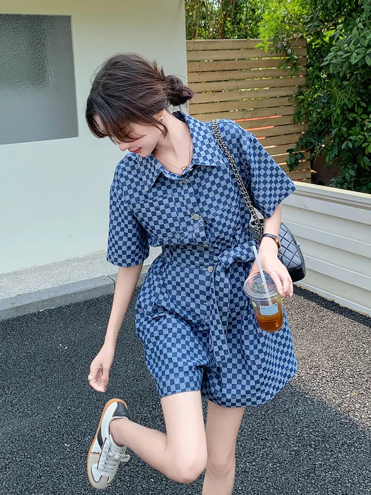 

Summer Thin Checkered Design One-Piece Pants Women's High Quality Slimming Gown Versatile Wide Leg Pants Belt Pocket Details