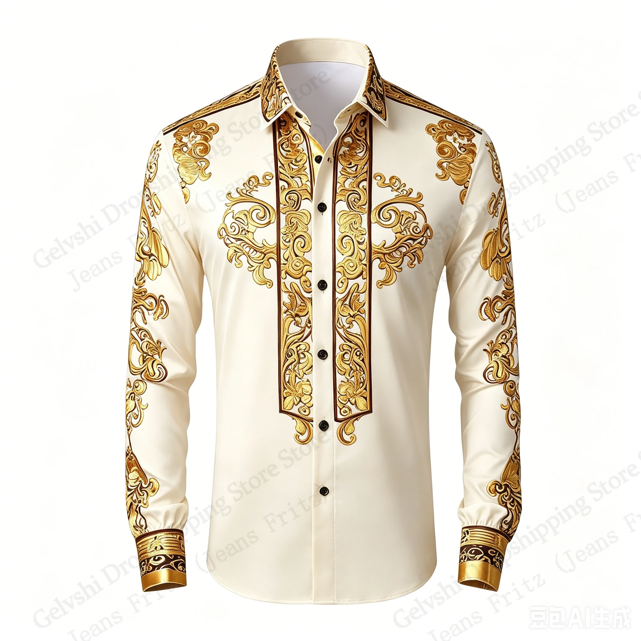 Long Sleeve Golden Shirt Baroque Luxury Pattern 3d Print Hawaiian Shirt Men Women Fashion Casual Shirt Slim Blouse Mens Clothing