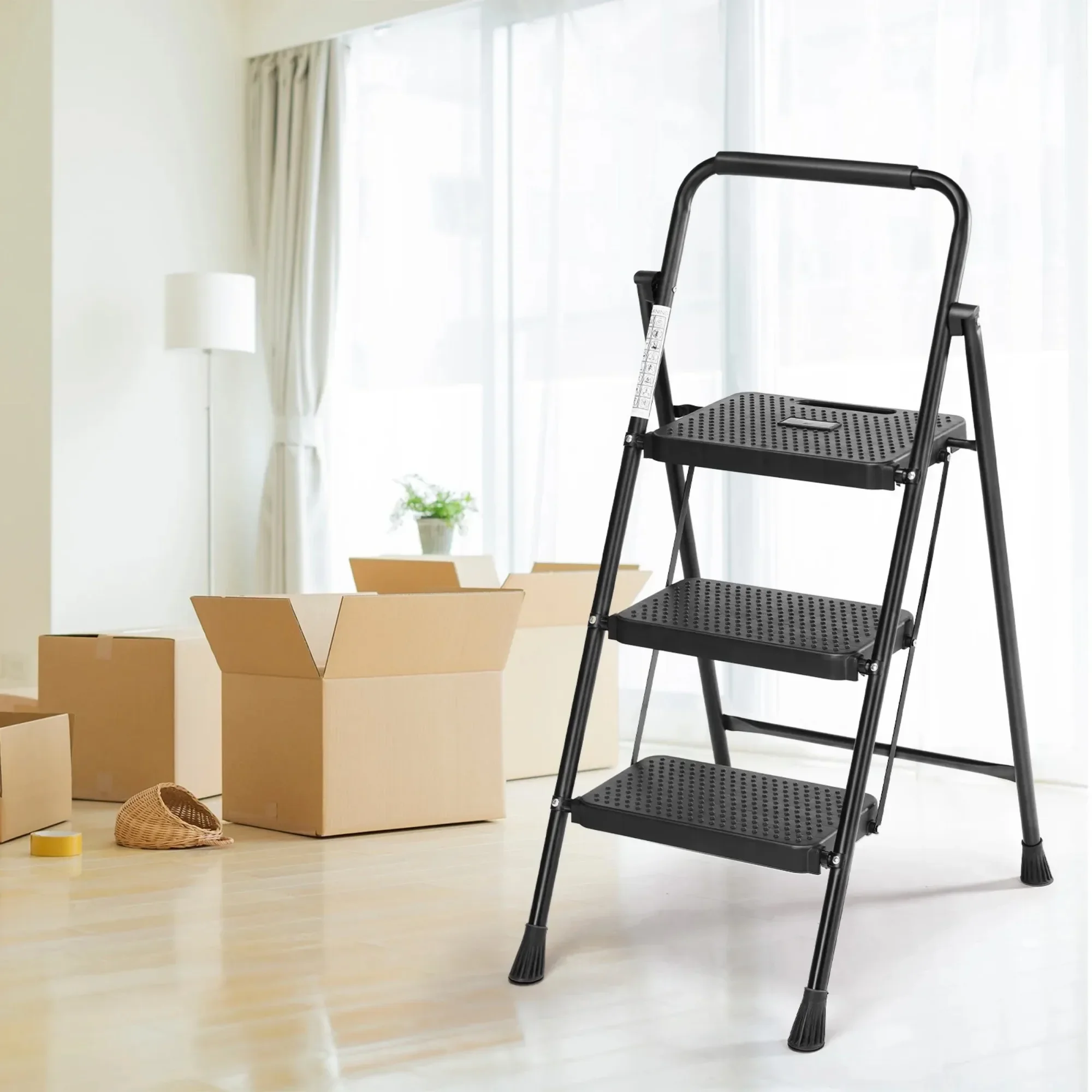 سلم قابل للطي بثلاث خطوات للبالغين، دواسة واسعة مضادة للانزلاق وتصميم مريح، مقعد خفيف الوزن للمطبخ والمرآب والمنزل