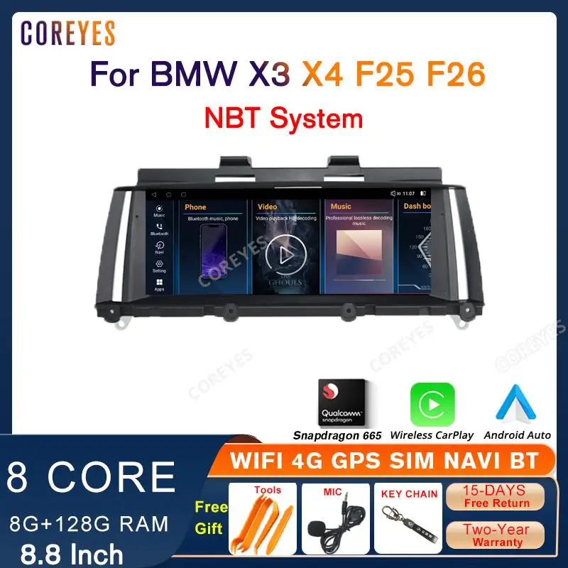 COREYES 8.8 Inch Android 12 Car Radio Screen For BMW X3 X4 F25 F26 2013-2016 NBT Carplay GPS Stereo Android Auto Snapdragon 665