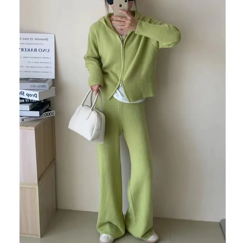 Women Casual Knitted Pants Home Suit Autumn Fashion Zip Up Sweater Hoodie Wide Leg Trousers 2 Piece Set Tracksuit Winter Outfits