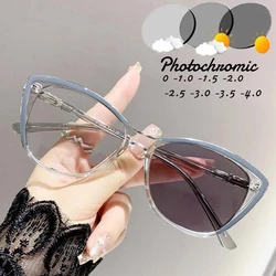 Cat Eye Myopia Glasses Photochromic Anti-UV Sunglasses Blue Light Blocking Color Changing Minus Glasses with Diopters 0 To -4.0