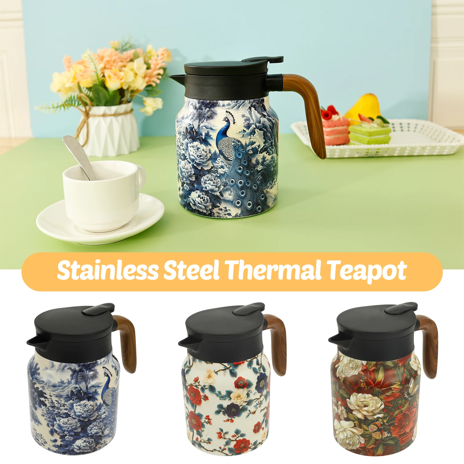 

1000ml Floral Pattern Teapot with Lid Vintage Stainless Steel Large-capacity Insulated Tea Pot Built In Infuser Mini Hot Tea Pot