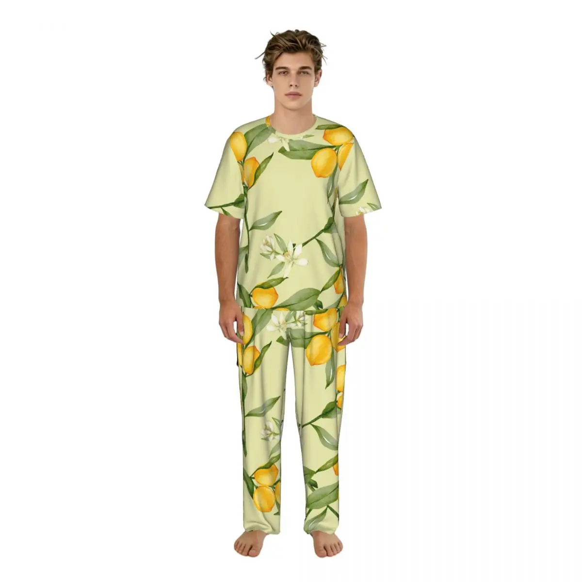

Men's Casual Pajamas Sets Short Sleeve and Pants Sets Male Sleepwear Lemon Citrus Yellow Fruit Leaves Home Clothes