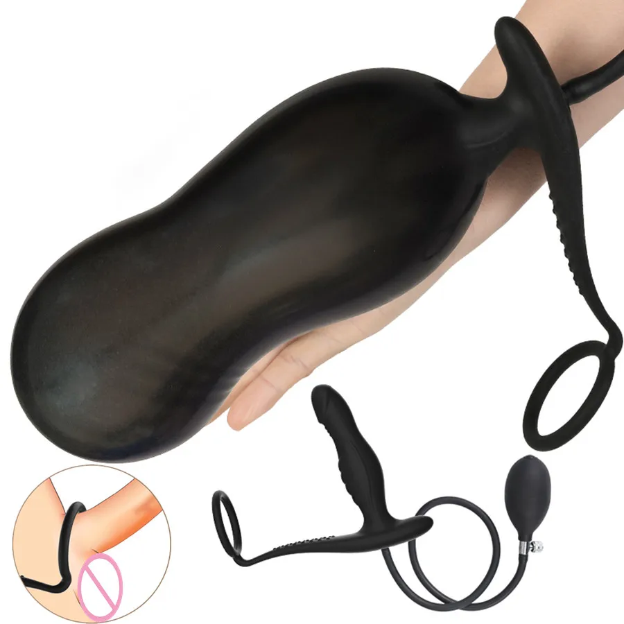 Inflatable Anal Plug With Cock Ring Male Penis Anus Stimulate Sex Toys For Men Couple Butt Expander Vagina Dilator Exercise Tool