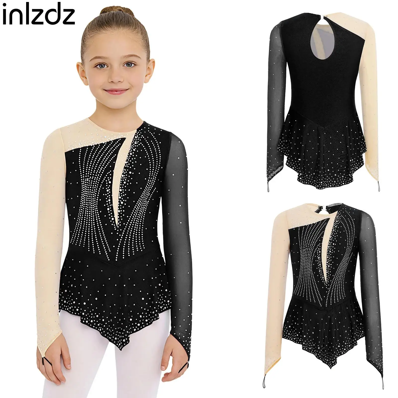 

Детское платье для девочек с длинным рукавом, стразами и прозрачной сеткой для художественной гимнастики, фигурного катания, балета и танцев, для выступлений