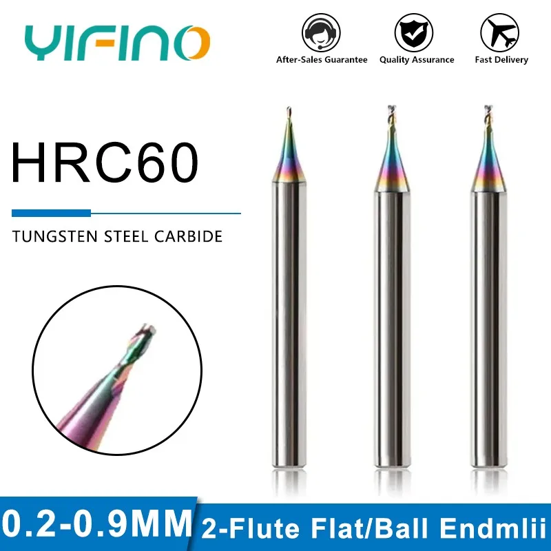 YIFINO HRC60 Tungsten Steel Carbide Micropath Milling Cutter For Aluminum CNC 2-Flute Colorful Coated Flat/Ball End Mill Tools