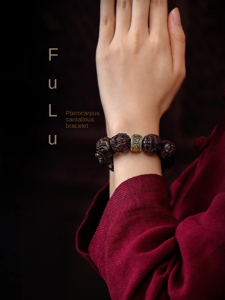 Pterocarpus Santalinus Bracelet Men's Crafts Large Buddha Beads Hand-Held Beads Pi Xiu Bracelet Six Words Mantra Hand Toy Hand