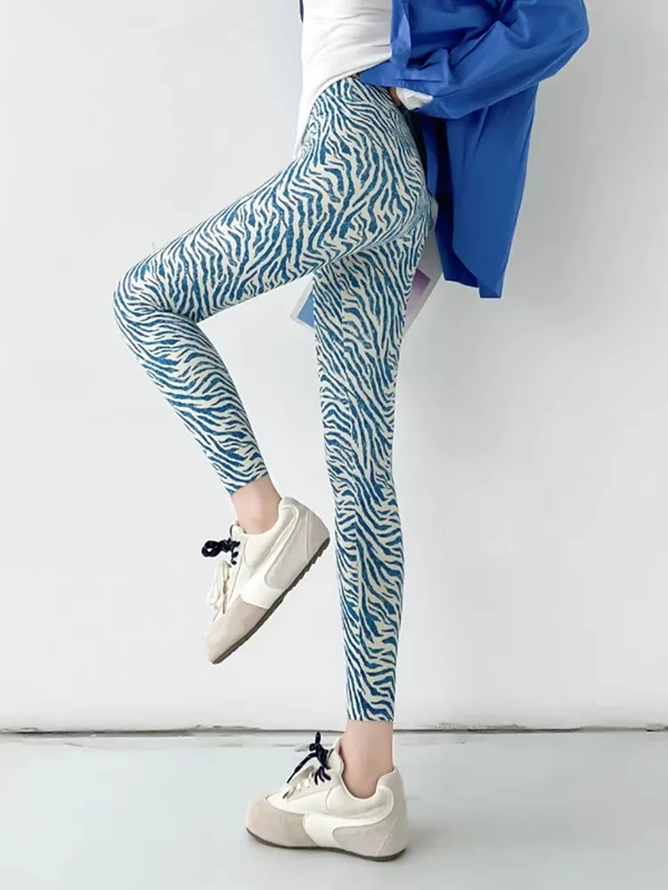 

High Waist Yoga Fitn arkskin Pants Women's Autumn Outfit Base Layer Oxygen Blue Zebra Print Elastic Band Trousers