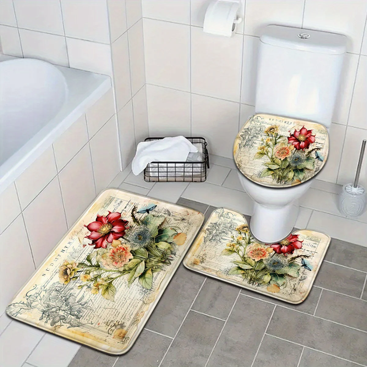 3-piece set red and pink peony letter pattern bathroom mat set toilet seat cushion U-shaped foot mat suitable for bathroom