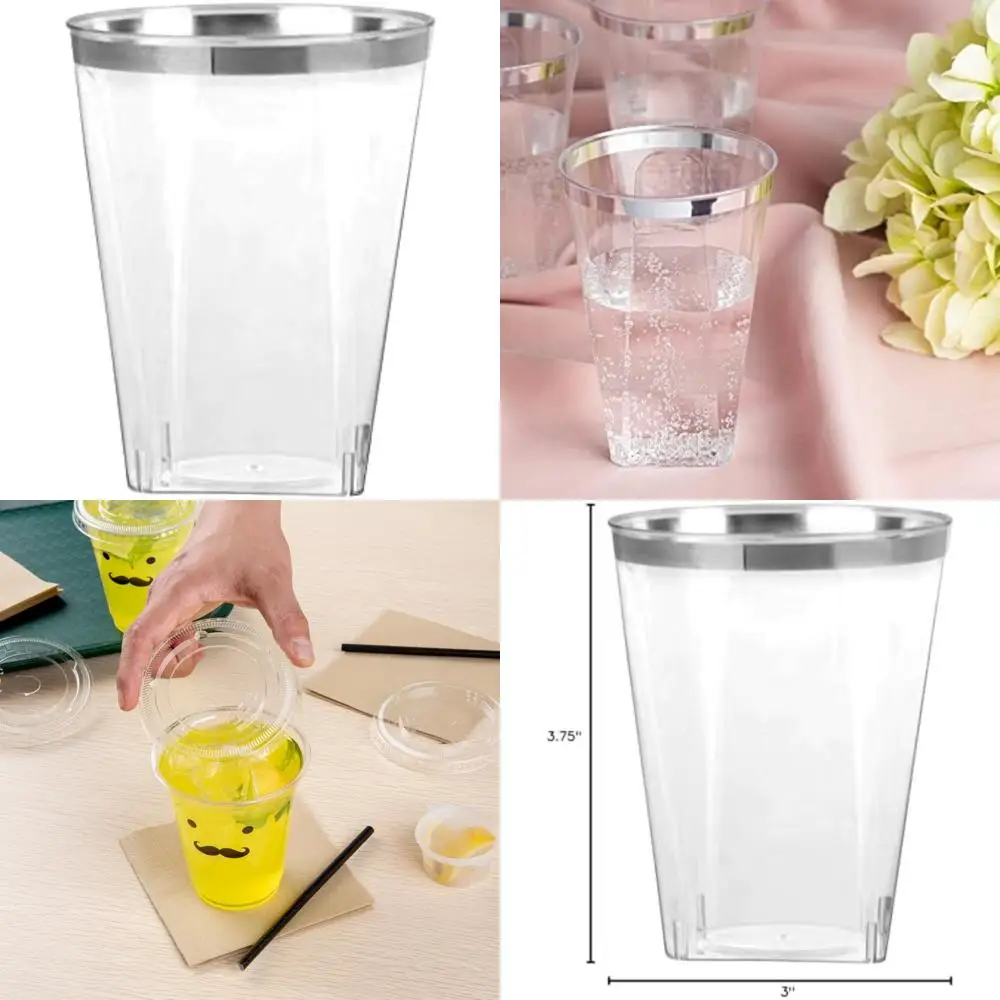 

прозрачные пластиковые стаканы с серебряным ободом - элегантные одноразовые стаканчики для мероприятий