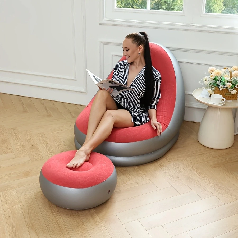 1pc stylish and convenient inflatable sofa with footstool combination, single casual lounge chair image 6